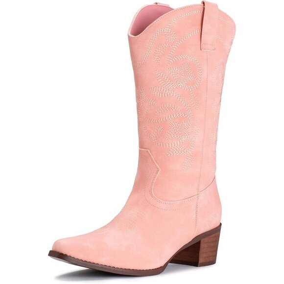 Shoes - 🆕Women's Pink Pointy Toe Classic Faux Leather Western Cowgirl Mid Calf Boots